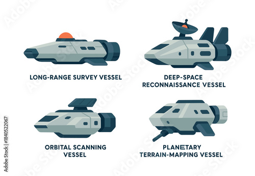 Spaceship vector illustration, flat vector style with reconnaissance and scanning vessels