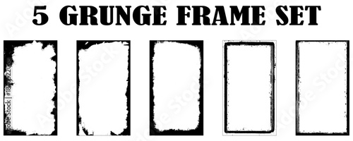 Set of five Distressed Grunge Photo Frames, Black and white grunge frame vector illustration