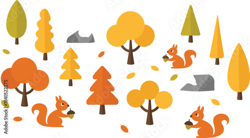 Autumn forest illustration with squirrels holding acorns, colorful fall trees, seasonal nature landscape, flat minimalist woodland vector art design