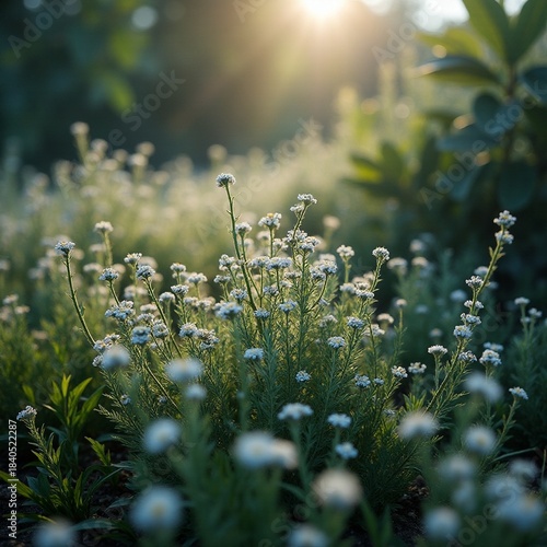AI generated Radiant wildflower group with shimmering dew under soft morning sunshine