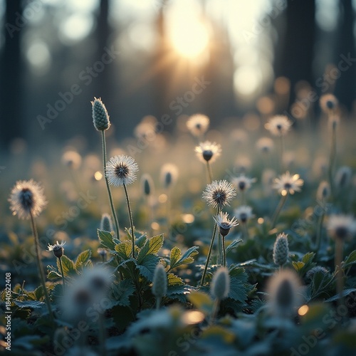 AI generated Peaceful landscape featuring glowing dandelions and softly lit pastoral