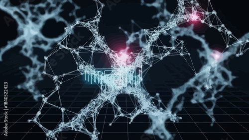 Neural Network Connectivity: Abstract, intricate network of interconnected nodes and lines, illustrating the complexity of data processing and communication in a modern technological landscape. 
