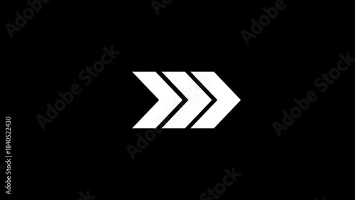 Animated right arrow chevron sequence with smooth looping motion on a transparent background with alpha channel, ideal for UI navigation, swipe prompts, digital interfaces, social media cues