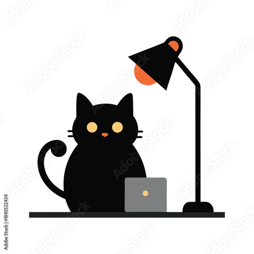 Cute Cat Working Late Night Under Desk Lamp in Minimal Office Style