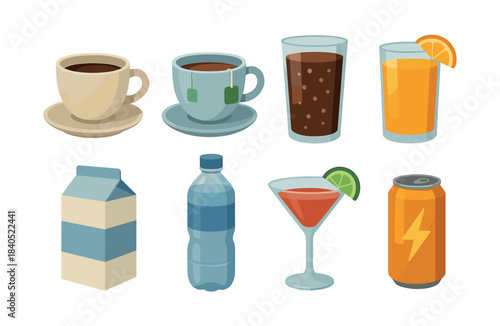 Variety of drinks, coffee, juice, cocktails, flat vector illustration