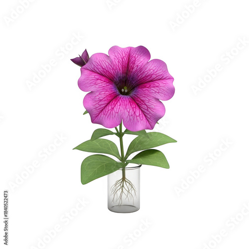Vibrant pink petunia flower blooming in a clear vase isolated