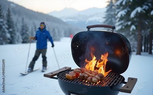 Winter bbq concept. Winter holiday outdoors activity. Ski resort bbq. High quality