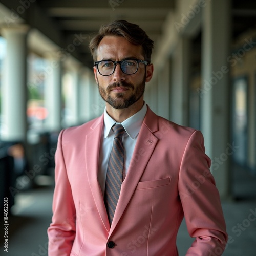 Stylish man in pink suit poses confidently in urban setting Generative AI