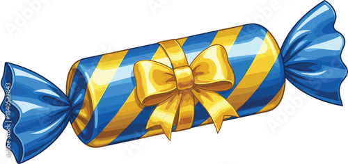 Blue and Gold Striped Hard Candy with a Bright Yellow Ribbon Bow, Perfect for Holiday, Celebration, Sweet Treat, and Festive Confectionery Designs.