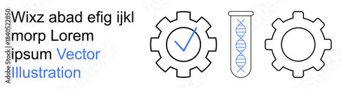 Biotechnology, quality assurance, genetics, industrial processes, laboratory testing, scientific research. Two gear symbols, a checkmark and a DNA-filled test tube. Biotechnology and quality