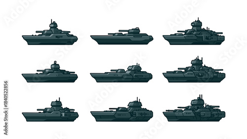 Battleship designs, navy vessels, military ships, flat vector illustration