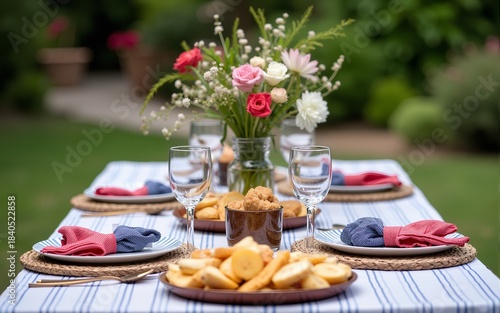 Table laid and decorated for a fourth of july garden party, featuring delicious food and drinks. High quality