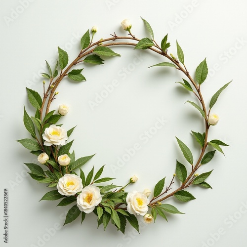 AI generated Softly lit camellia floral wreath arranged intricately with foliage