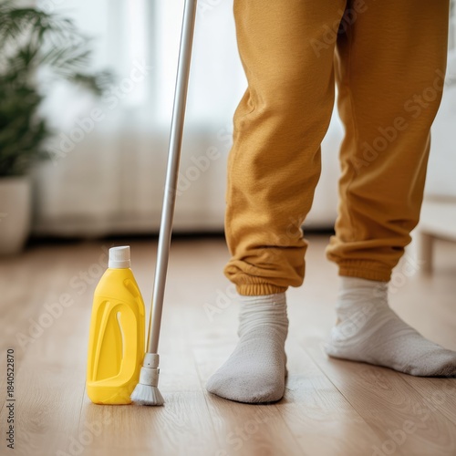 A man uses crutches while cleaning at home with a bottle of cleaner, showcasing determination despite mobility challenges