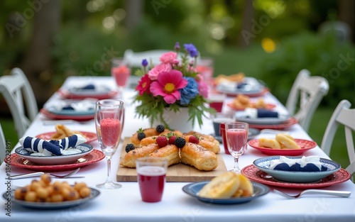 Table laid and decorated for a fourth of july garden party, featuring delicious food and drinks. High quality