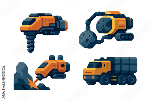 Space mining machinery, futuristic drills and vehicles, flat vector illustration