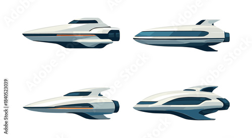 Futuristic spaceship collection, flat vector illustration, spacecraft, shuttle design