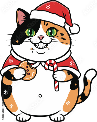 A cute vector illustration of a chubby calico cat dressed in a Santa hat and red cape.