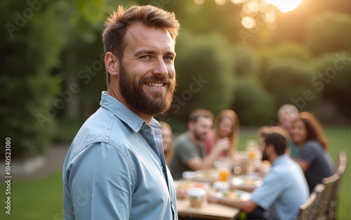 Portrait of Caucasian man with beard standing at yard and smiling at camera. Male at family barbecue. Happy people sitting at dinner table on background. High quality