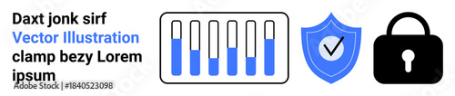 Horizontal bar chart, security shield with checkmark, and padlock representing security, privacy, and analysis. Ideal for cybersecurity, data integrity, technology, analytics business strategy