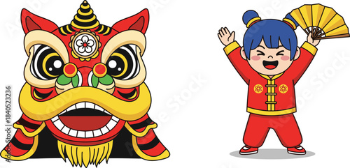 Cute Cartoon Chinese New Year Lion Dance Head with a Happy Girl Holding a Fan, Perfect for Cultural Celebrations, Lunar Holiday, and Asian Festival Graphics.