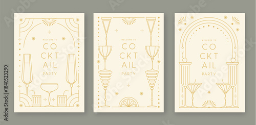 Set of line art retro cocktail party posters with cocktail and champagne glasses. Holiday frames. Vector illustration
