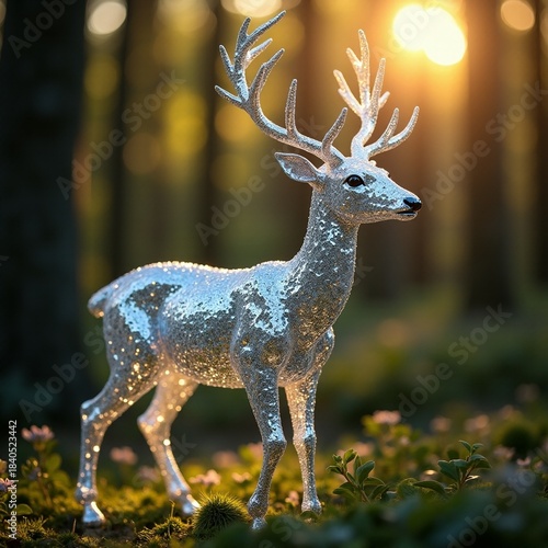 AI generated Artistic deer sculpture shimmering in sunlit woodland setting ideal