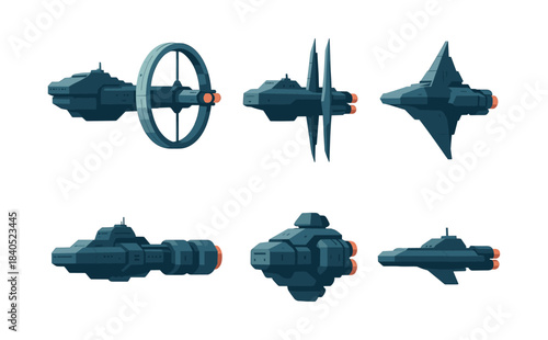 Spaceship designs, flat vector illustration, futuristic spacecraft, space exploration