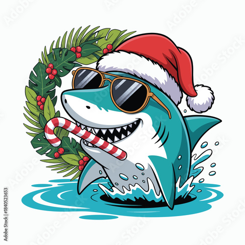 Cool christmas shark cartoon with santa hat and candy cane