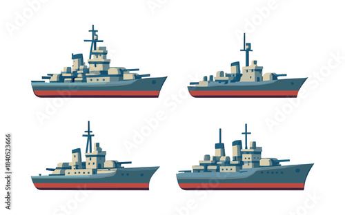 Warship collection, navy vessels, flat vector illustration, maritime ships