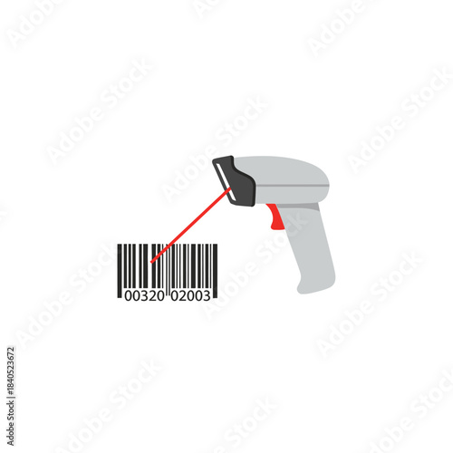 Grey handheld barcode scanner with red laser scanning a black and white barcode.