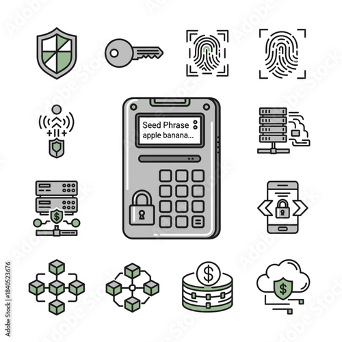 Grey hardware wallet displaying seed phrase for secure cryptocurrency storage.