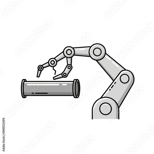 Grey robotic arm with articulated gripper reaching for a metal pipe, industrial automation illustration.