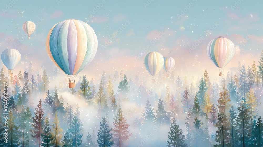 Obraz premium Colorful Hot Air Balloons Floating Over Misty Forest Landscape