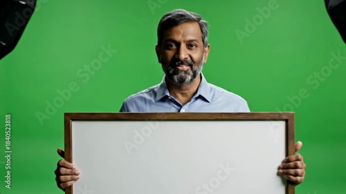 Mature bearded man holding a blank wooden framed whiteboard against a vibrant green screen background for easy compositing
