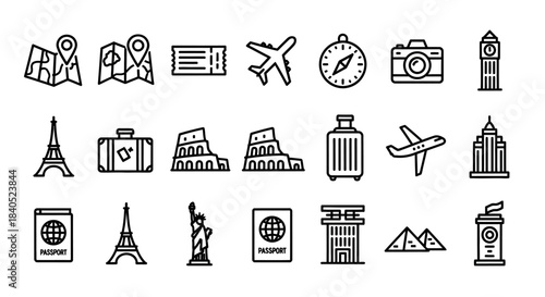 Hand-drawn travel icon set featuring landmarks, transportation, and essentials in a sketchy line art style.