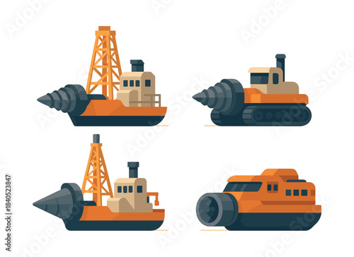 Construction vehicles set, drill rigs, bulldozers, flat vector illustration