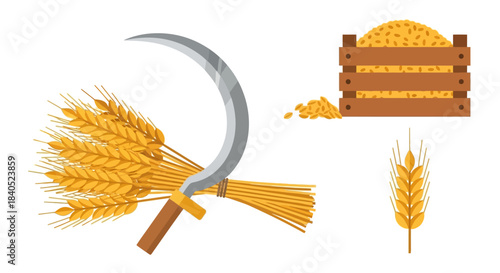 Harvest Time - Wheat Sheaves, Sickle, and Crate of Grain.
