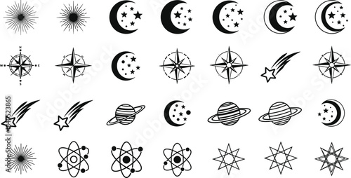 Collection of celestial vector icons featuring moons, stars, planets, constellations, compass symbols and cosmic elements, ideal for astronomy designs, mystical artwork and graphic decoration