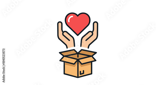 Hands Offering Heart Above Donation Box - Symbol of Charity and Giving.