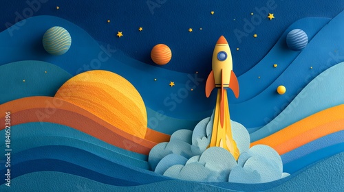 Startup Launch Concept with Rocket — Paper Cut Space Illustration Symbolizing Innovation and Growth