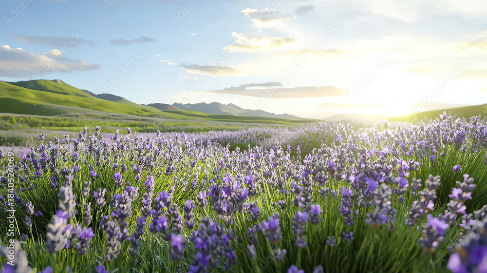 Obraz premium Beautiful landscape of lavender fields under bright sky, showcasing vibrant purple flowers and rolling green hills