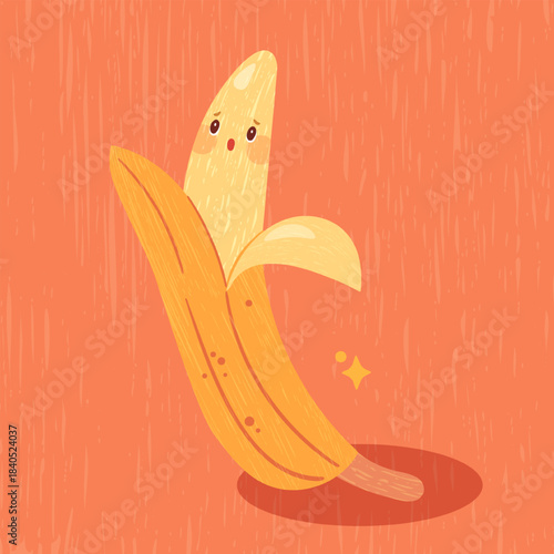 Playful banana on a textured background in a warm cheerfull style. Bright, cheerful and fun illustration perfect for food themes, packaging, decor and kids’ designs.