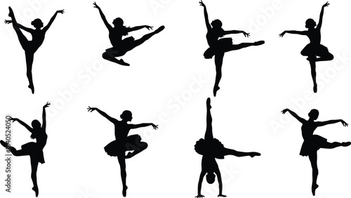 Giant Vector Collection of Black Silhouette Figures in Dynamic Action Poses, Featuring Ballet, Figure Skating, Martial Arts, Hip Hop Dance, Kicks, Jumps, and Sword Fighting Stances, Isolated on White.