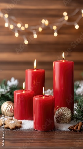 Festive red candles surrounded by holiday decorations on a snowy winter day