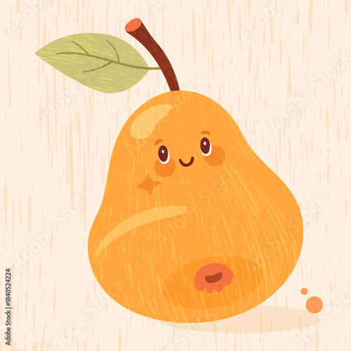 Charming pear on a textured background in a warm cheerfull style. Soft, sweet and friendly illustration perfect for food projects, packaging and cozy decorative themes.