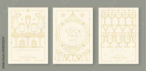 Set of line art retro cocktail party posters with cocktail and champagne glasses. Holiday frames. Vector illustration