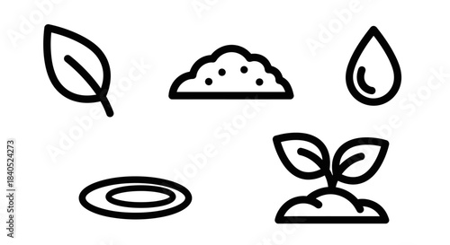 Icons representing plant growth - leaf, soil, water, seed, sprout.