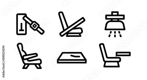 Icons representing various seating and safety features in transportation.
