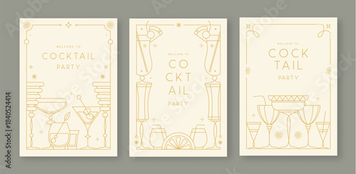 Set of line art retro cocktail party posters with cocktail and champagne glasses. Holiday frames. Vector illustration